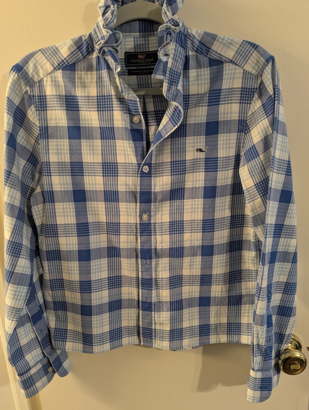 Upcycled Vineyard Vines Blue and White Plaid Cotton Button-Down Shirt